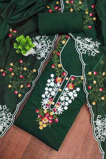 Women's green unstitched thread embroidery chanderi cotton dress material (mt660grn)