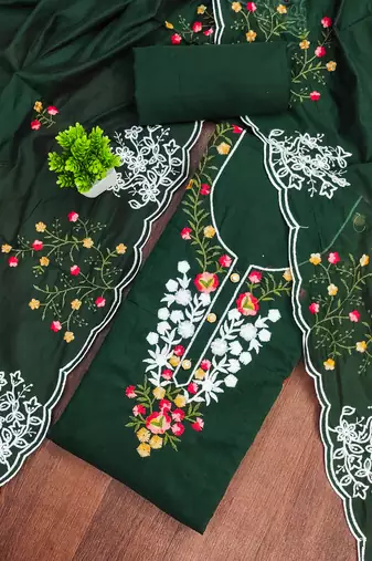 Women's green unstitched thread embroidery chanderi cotton dress material (mt660grn)