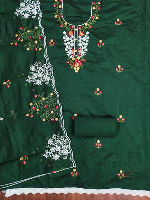 Women's green thread embroidery chanderi cotton dress material 2