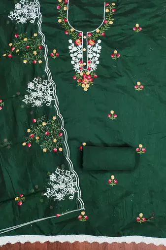 Women's green thread embroidery chanderi cotton dress material