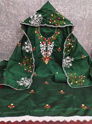 Women's green thread embroidery chanderi cotton dress material 3