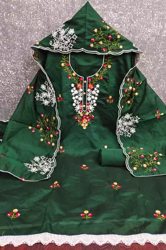 Women's green thread embroidery chanderi cotton dress material