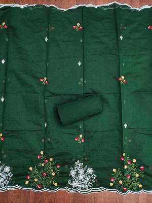 Women's green thread embroidery chanderi cotton dress material 4