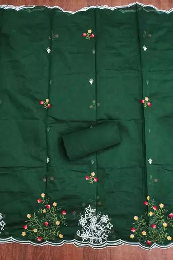 Women's green thread embroidery chanderi cotton dress material