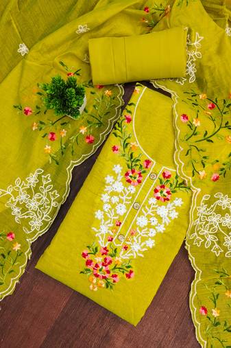 Women's mehandi unstitched thread embroidery chanderi cotton dress material (mt660mhd)