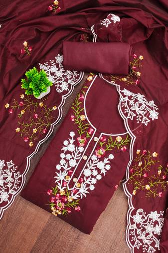 Women's maroon unstitched thread embroidery chanderi cotton dress material (mt660mrn)