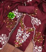 Women's maroon unstitched thread embroidery chanderi cotton dress material (mt660mrn)