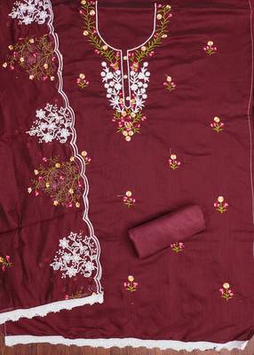 Women's maroon unstitched thread embroidery chanderi cotton dress material (mt660mrn) 2