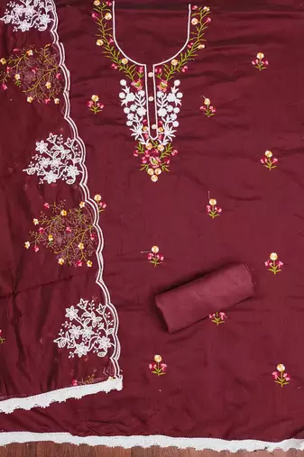 Women's maroon unstitched thread embroidery chanderi cotton dress material (mt660mrn)