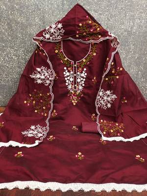 Women's maroon unstitched thread embroidery chanderi cotton dress material (mt660mrn) 3