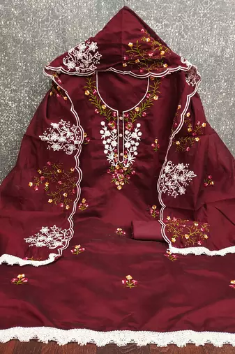 Women's maroon unstitched thread embroidery chanderi cotton dress material (mt660mrn)
