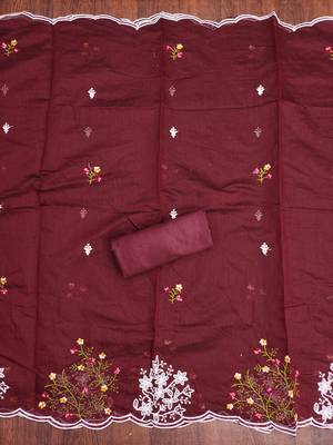 Women's maroon unstitched thread embroidery chanderi cotton dress material (mt660mrn) 4