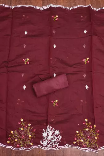 Women's maroon unstitched thread embroidery chanderi cotton dress material (mt660mrn)