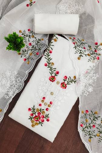 Women's white unstitched thread embroidery chanderi cotton dress material (mt660wht)