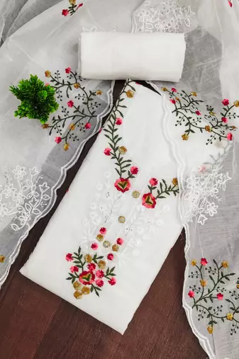Women's white unstitched thread embroidery chanderi cotton dress material (mt660wht)