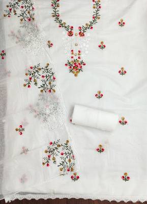 Women's white thread embroidery chanderi cotton dress material 2