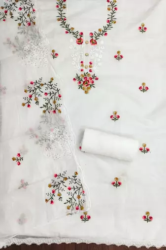 Women's white thread embroidery chanderi cotton dress material