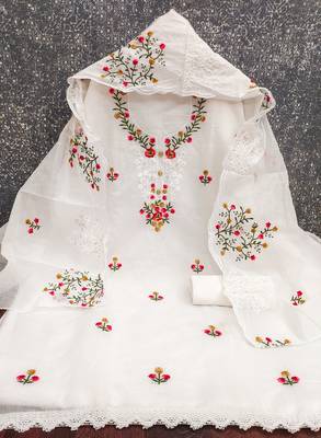 Women's white thread embroidery chanderi cotton dress material 3