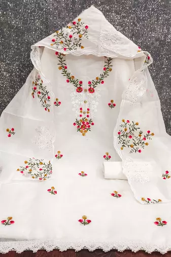 Women's white thread embroidery chanderi cotton dress material