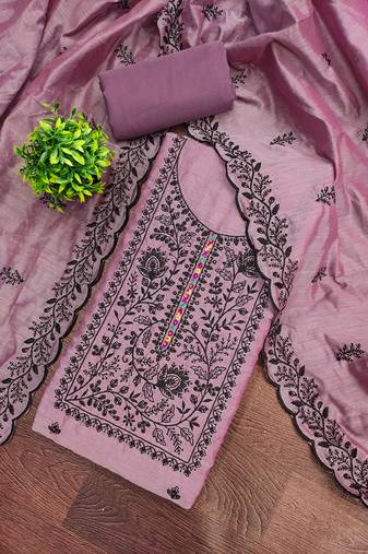 Women's levender unstitched thread embroidery chanderi cotton dress material (mt661ldr)
