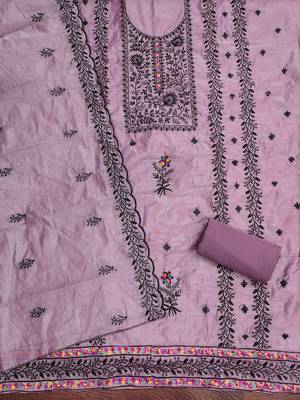 Women's levender thread embroidery chanderi cotton dress material 2