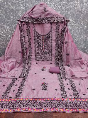 Women's levender thread embroidery chanderi cotton dress material 3