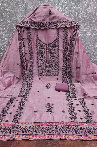 Women's levender thread embroidery chanderi cotton dress material