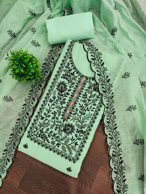 Women's light green thread embroidery chanderi cotton dress material 1