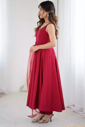maroon roman silk anarkali suit