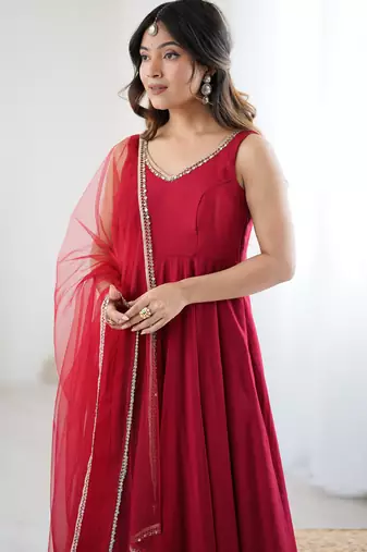 maroon roman silk anarkali suit