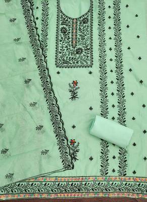 Women's light green thread embroidery chanderi cotton dress material 2