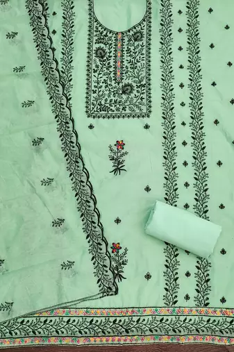 Women's light green thread embroidery chanderi cotton dress material