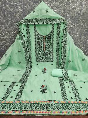 Women's light green thread embroidery chanderi cotton dress material 3