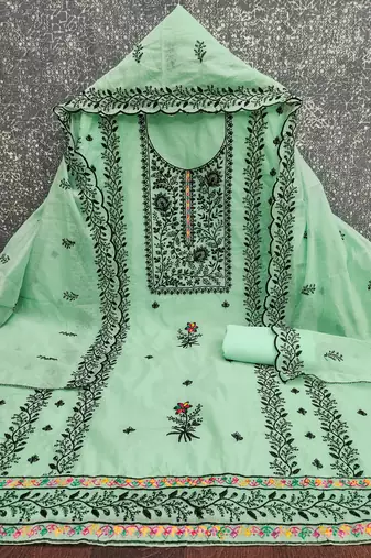 Women's light green thread embroidery chanderi cotton dress material