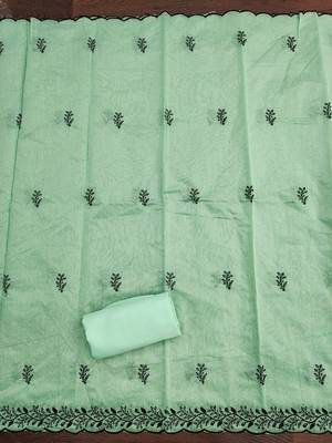 Women's light green thread embroidery chanderi cotton dress material 4