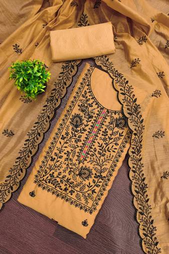 Women's mustard unstitched thread embroidery chanderi cotton dress material (mt661mtd)