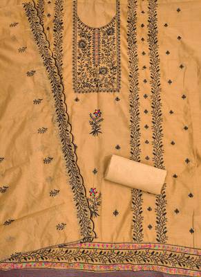Women's mustard thread embroidery chanderi cotton dress material 2
