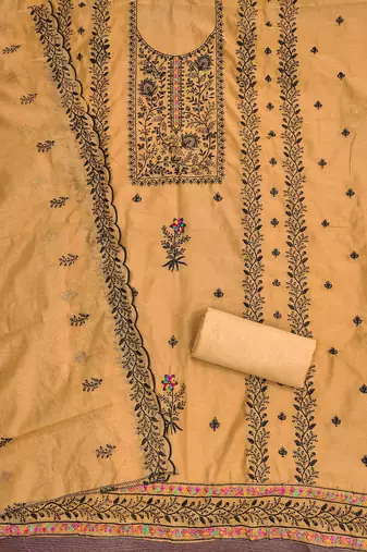 Women's mustard thread embroidery chanderi cotton dress material