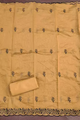 Women's mustard thread embroidery chanderi cotton dress material