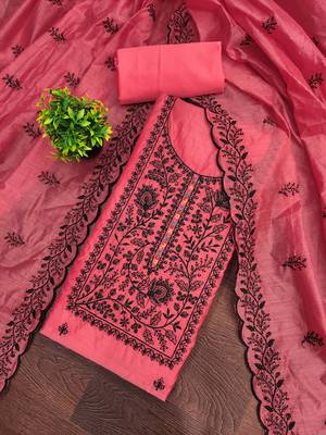 Women's pink thread embroidery chanderi cotton dress material 1