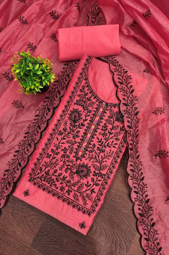 Women's pink unstitched thread embroidery chanderi cotton dress material (mt661pnk)