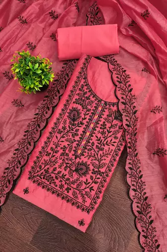 Women's pink unstitched thread embroidery chanderi cotton dress material (mt661pnk)