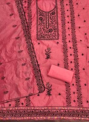 Women's pink thread embroidery chanderi cotton dress material 2
