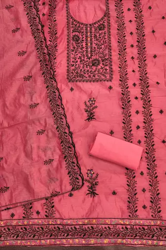Women's pink thread embroidery chanderi cotton dress material