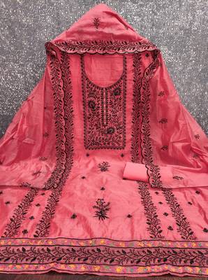 Women's pink thread embroidery chanderi cotton dress material 3