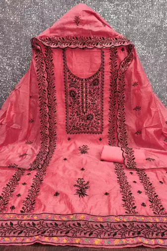 Women's pink thread embroidery chanderi cotton dress material