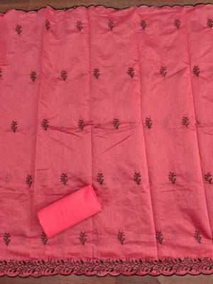 Women's pink thread embroidery chanderi cotton dress material 4