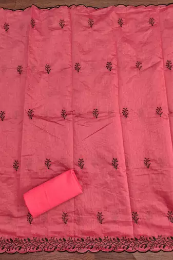 Women's pink thread embroidery chanderi cotton dress material