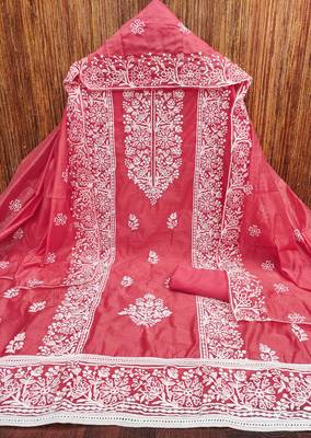 Women's gajari thread embroidery chanderi cotton dress material 3