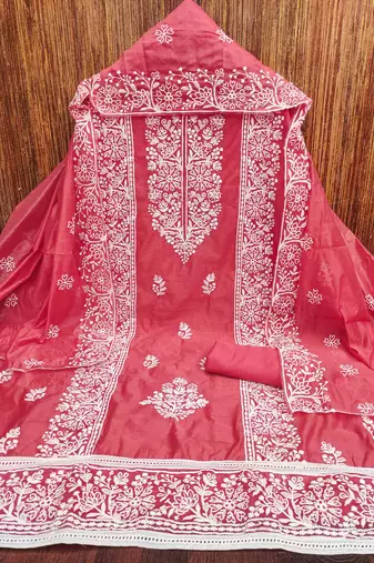 Women's gajari thread embroidery chanderi cotton dress material